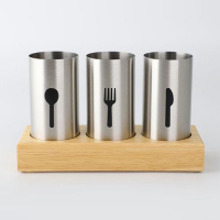 3- Pc Kitchen Countertop Fork, Spoon, Knife Cutlery Organizer Holder With Wood Base, Silver Cutlery & Knife Accessories TilyExpress 2