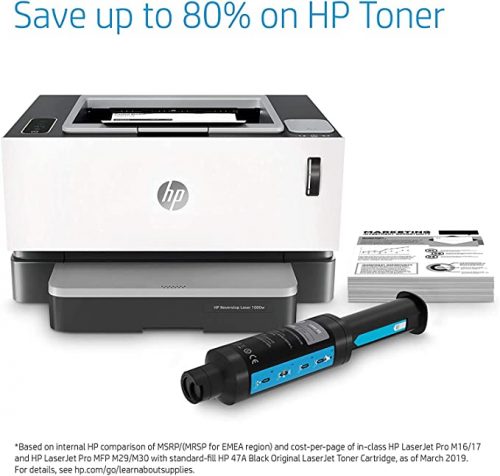 HP Neverstop 1000w Printer, WiFi Enabled Monochrome Laser Printer, 80% Savings on Genuine Cartridge, Self Reloadable with 5X Inbox Yield, Smart Tasks with HP Smart App, Low Emission & Clean Air Quality - White