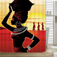 4 Piece African Girl Waterproof Shower Curtain With Toilet Cover Mats Non-Slip Bathroom Rugs, Yellow