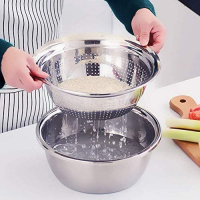 3 In1 Colander Basin, Grater Strainer & Rice Drain Basket Salad mixing Bowl, Silver