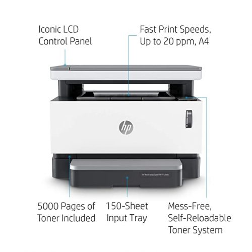 HP Neverstop 1200a Laser Printer, Print, Copy, Scan, Mess Free Reloading, Save Upto 80% on Genuine Toner, 5X Print Yield (USB Connectivity) - Black
