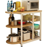 Microwave Oven Stand Storage Organizer & 3 Basket Rack Counter Trolley, Brown