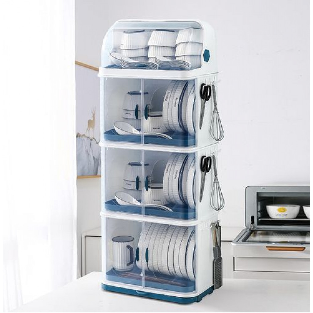 4 tier Dust-Proof Dish Draining Rack with Cover Drip Tray, White