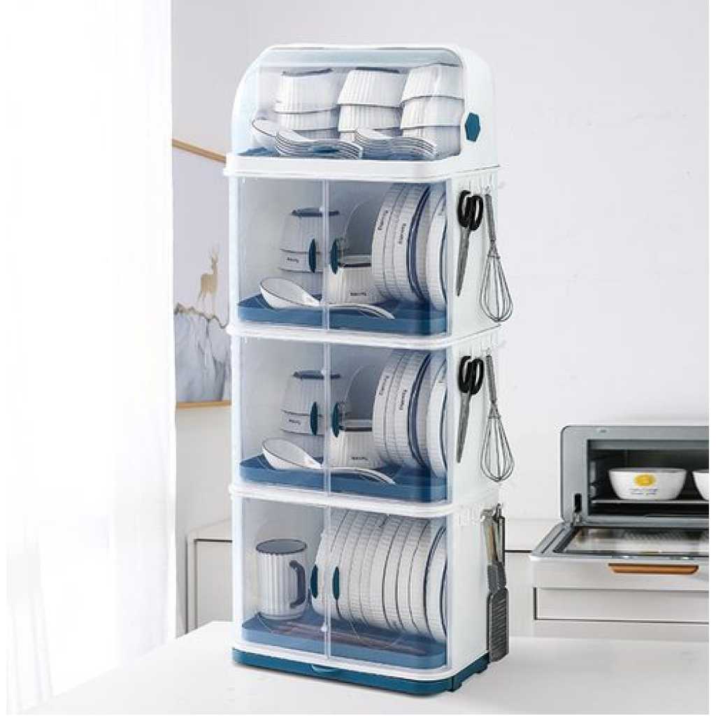 4 tier Dust-Proof Dish Draining Rack with Cover Drip Tray, White