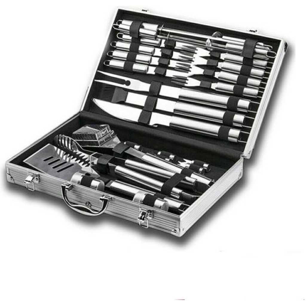 26Pc Barbecue Tools Grilling Utensil Accessories Outdoor Cooking Kit, Silver.