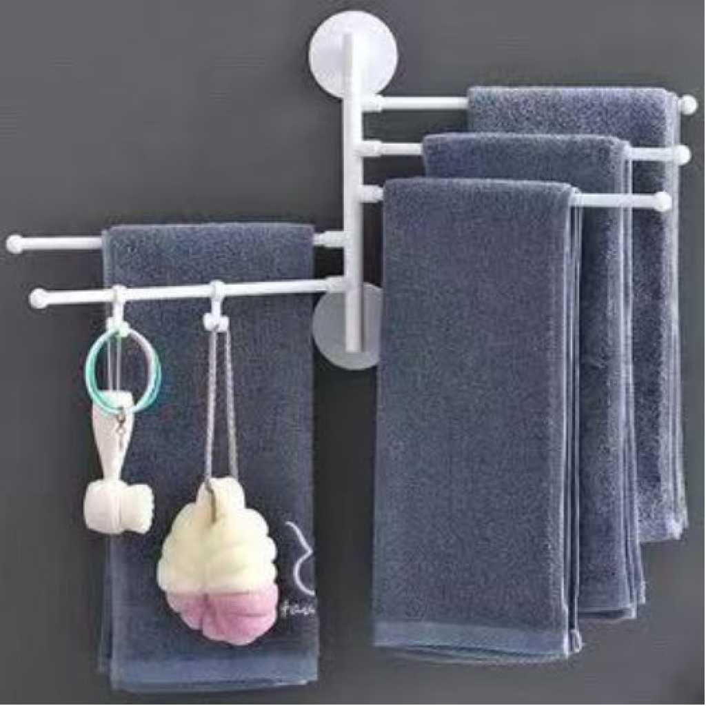 Wall Mount Bath Towel Holder Swing Out Rack 5-Bar Folding Hanger Stand, White