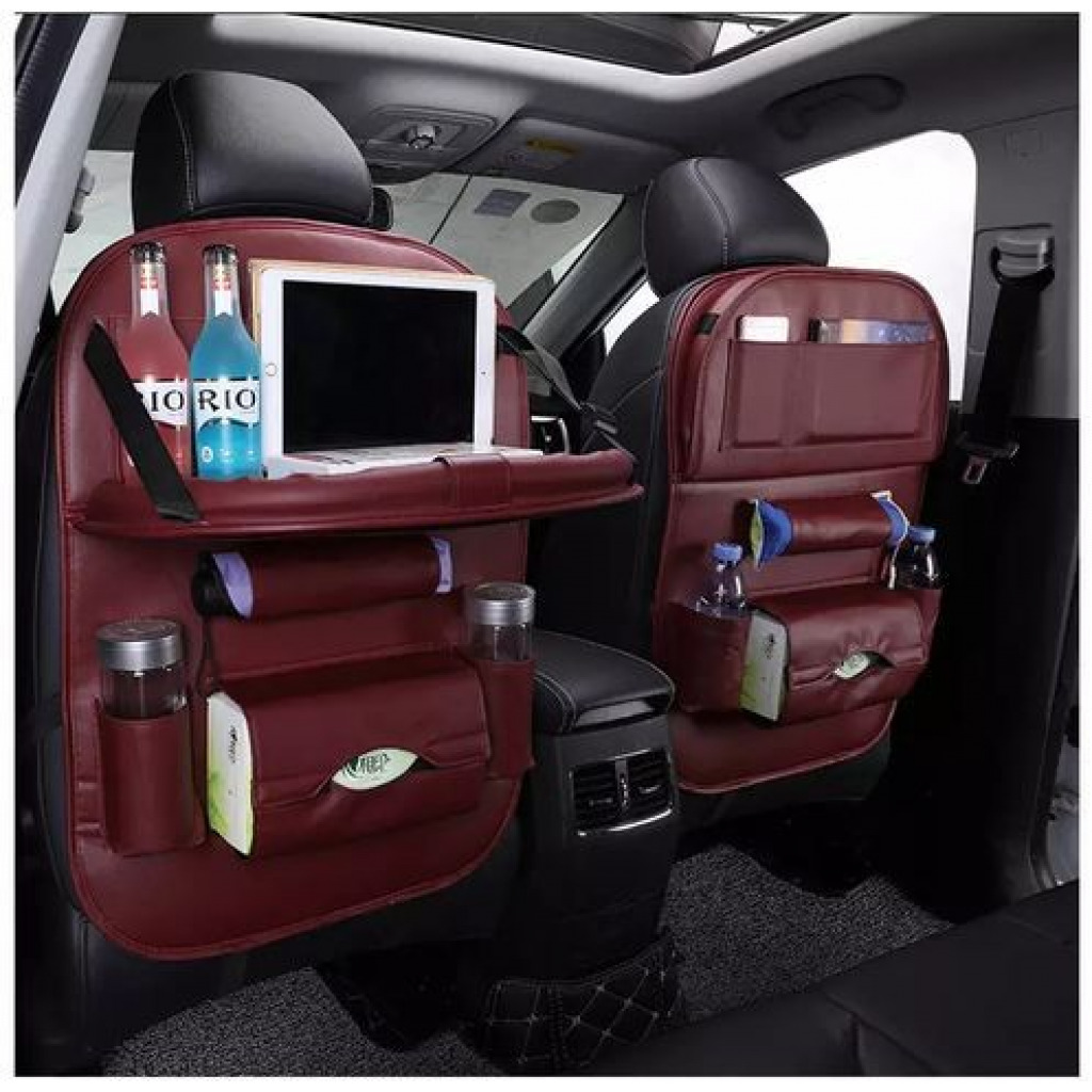 2-Pack Leather Car Backseat Organizer with Foldable Table Tray, Babies Toys Storage Holder, Maroon Door & Seat Back Organizers TilyExpress