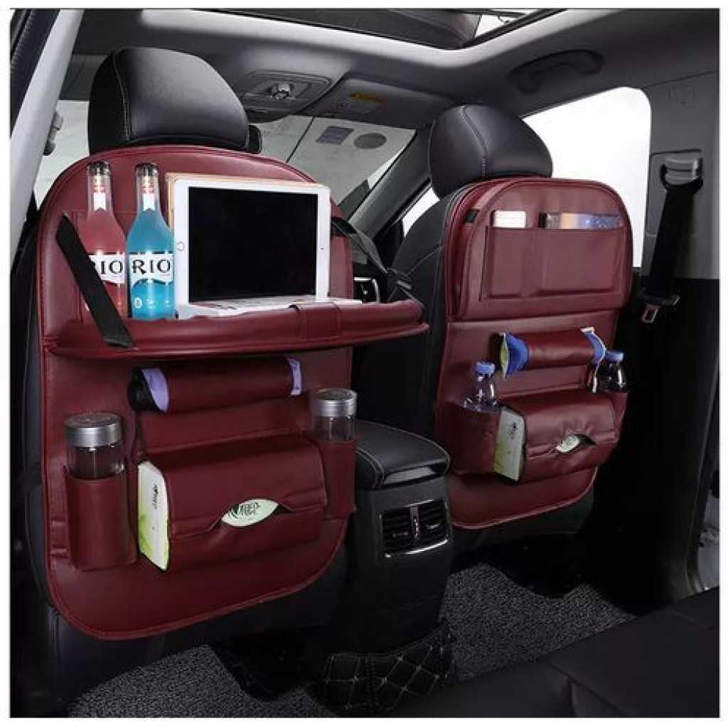 2-Pack Leather Car Backseat Organizer with Foldable Table Tray, Babies Toys Storage Holder, Maroon