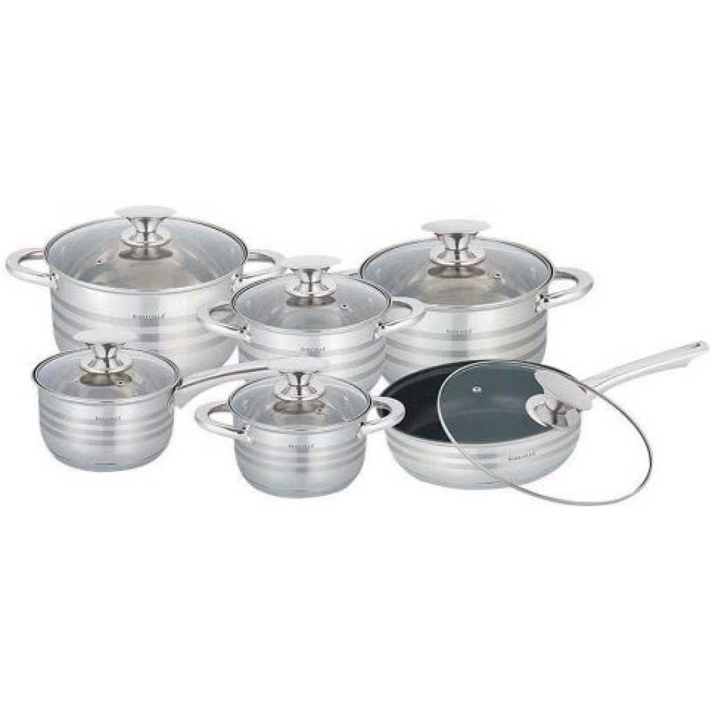 Kaisa Villa 12 Pc Stainless Steel Cookware Pots And Frying pan Saucepans, Silver