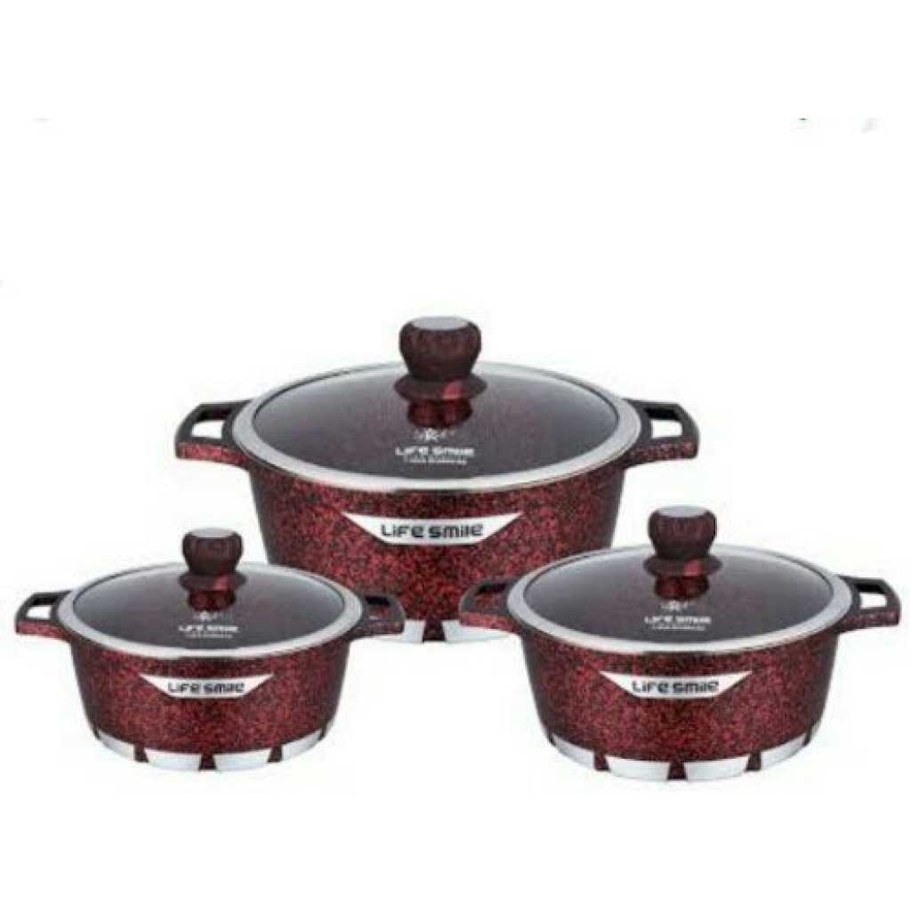 Life Smile 3 Pieces Of Non-stick Serving/Saucepans/Cookware- Maroon