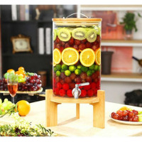 10L Glass Drinks Dispenser Jar With Tap, Spigot, Lid And Wooden Stand for Hot or Cold Beverages- Clear