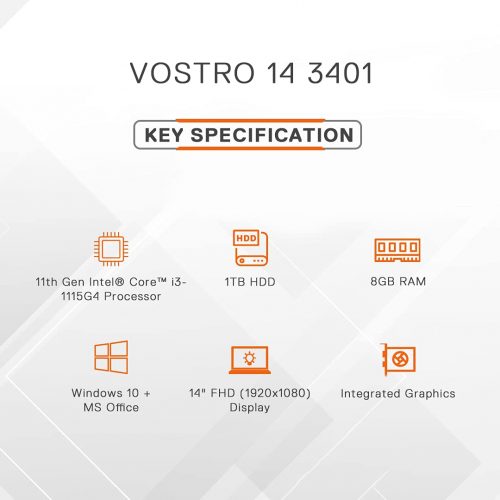 Dell Vostro 3401 11th Gen Intel i3-1115G4 14 inches FHD Display Laptop (8GB / 1TB HDD / Integrated Graphics / Windows 10 + MS Office / Accent Black) D552175WIN9BE, 1.59kg