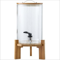 7L Glass Drinks Dispenser Jar With Tap, Spigot, Lid And Wooden Stand for Hot or Cold Beverages- Clear