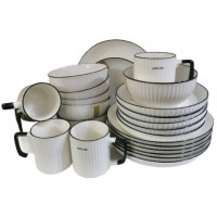 24pcs Of Black line Design Plates Bowls Cups Dinner Set - Cream