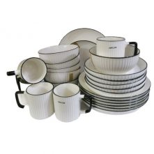 24pcs Of Black line Design Plates Bowls Cups Dinner Set – Cream Dinnerware Sets