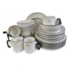 24pcs Of Black line Design Plates Bowls Cups Dinner Set - Cream