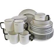 24pcs Of Black line Design Plates Bowls Cups Dinner Set - Cream