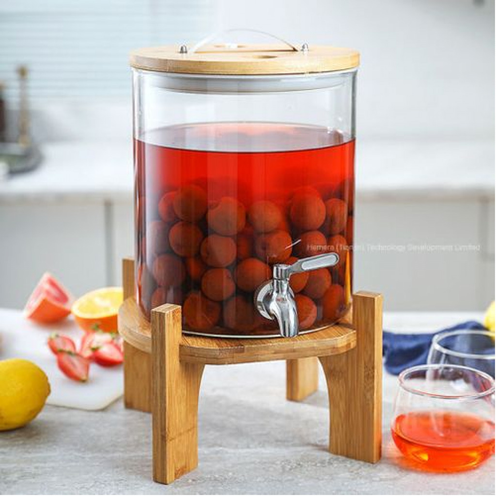 5 L Glass Drinks Dispenser Jar With Tap, Spigot, Lid And Wooden Stand for Hot or Cold Beverages- Clear Iced Beverage Dispensers TilyExpress 7