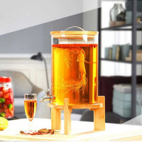 10L Glass Drinks Dispenser Jar With Tap, Spigot, Lid And Wooden Stand for Hot or Cold Beverages- Clear