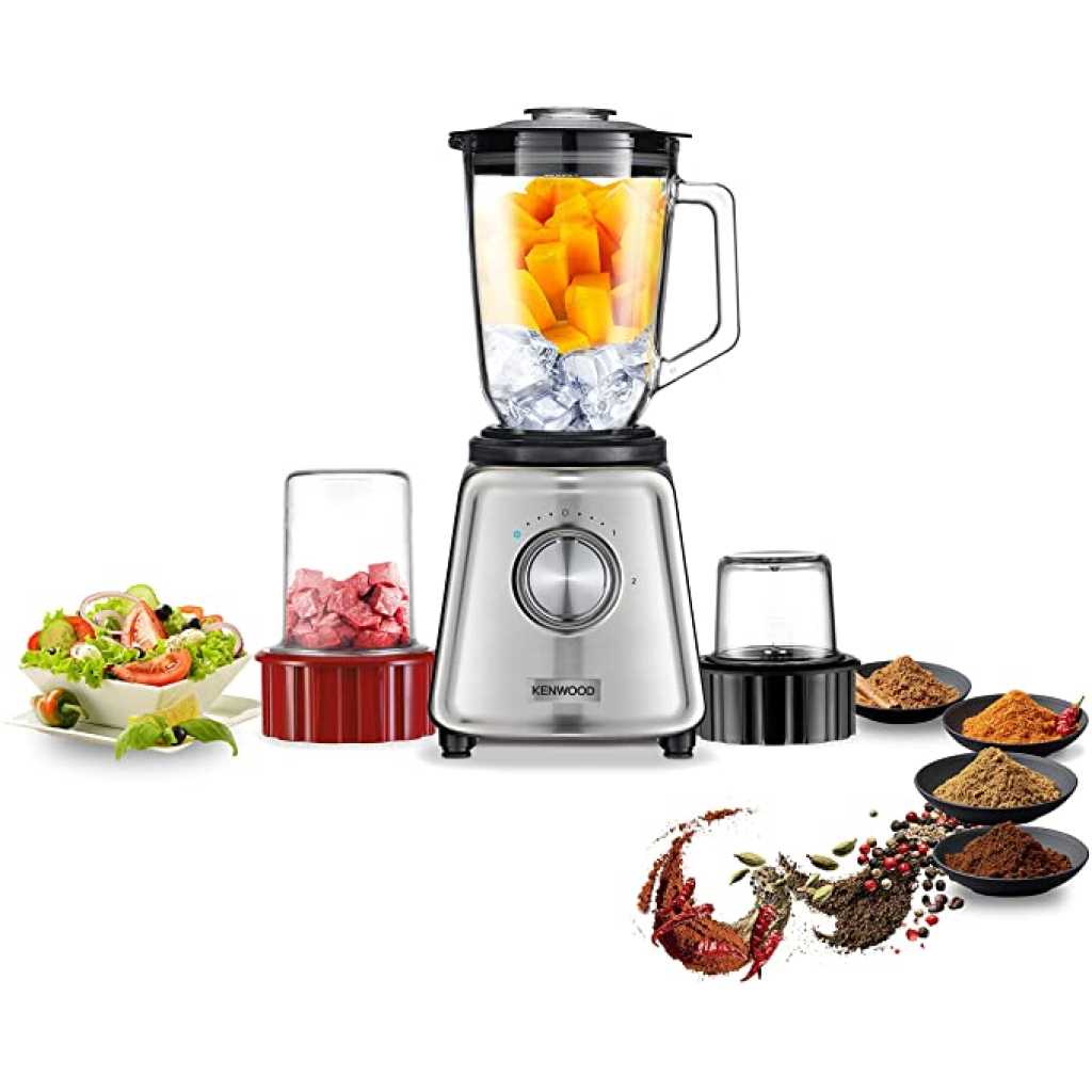 KENWOOD Glass Blender 800W Smoothie Blender Cum Smoothie Maker 1.5L with Glass Grinder Mill, Meat Grinder/Chopper Mill, Ice Crush Function BLP44 - Silver