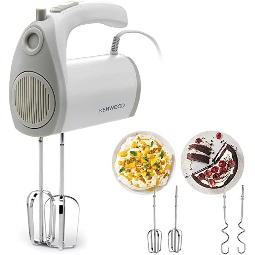 Kenwood Hand Mixer (Electric Whisk) 300W with 5 Speeds + Turbo Button, Twin Stainless Steel Kneader and Beater for Mixing, Whipping, Whisking, Kneading HMP20 White