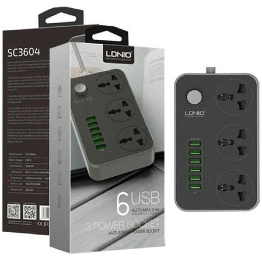 Ldnio Power Extension 3 Sockets + 6 Fast Charging USB Slots - Black