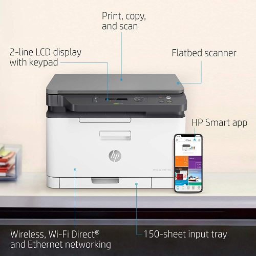 HP 178nw Printer, Wireless Laser Color Multifunction All in One Mobile Ethernet Wi-Fi Printer - White