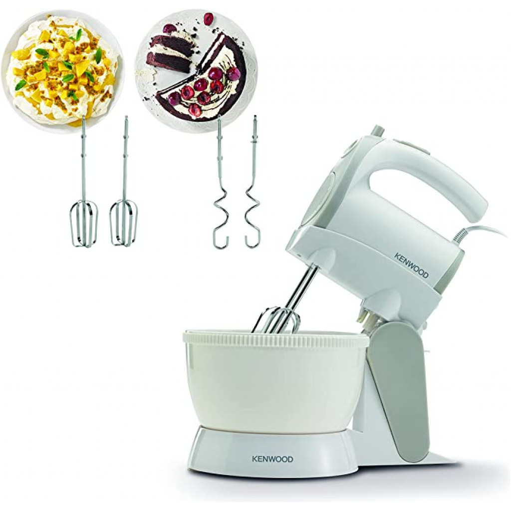 Kenwood Stand Mixer Hand Mixer (Electric Whisk) 300W with 2.4L Rotary Bowl, 5 Speeds + Turbo Button, Twin Stainless Steel Kneader and Beater for Mixing, Whipping, Whisking, Kneading HMP22.000WH White