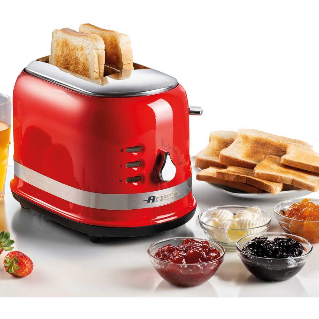 Ariete 0149R Moderna 2 Slice Toaster, Defrost, Heating & Cooking Function, Red, Stainless Steel