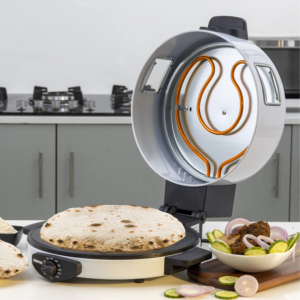 Geepas Arabic Bread Maker, 30cm Non-Stick Baking Plate, GBM63036 | Halogen Tube & Stainless Steel Heating Coil | Adjustable Double Thermostat