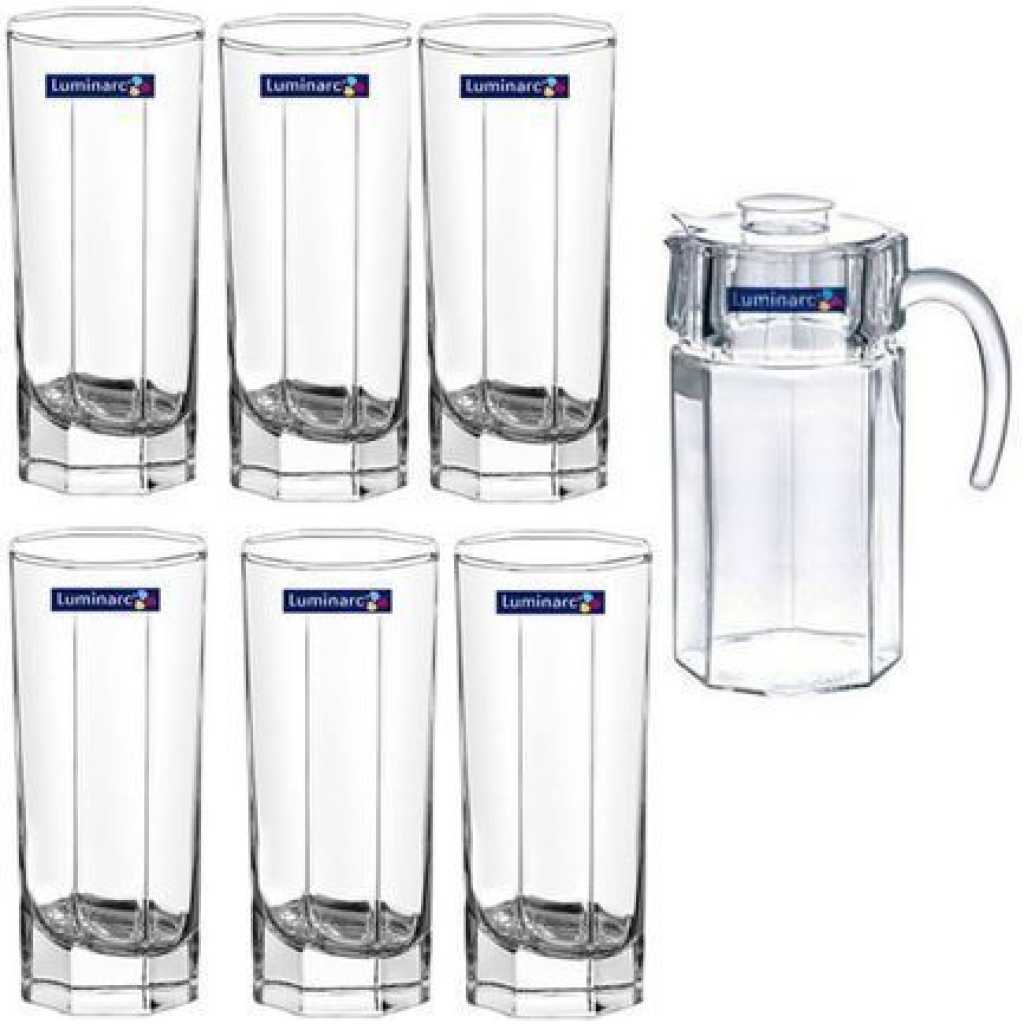 Luminarc Unique Jug Pitcher And Quality 6 Drinking Glasses-Transparent