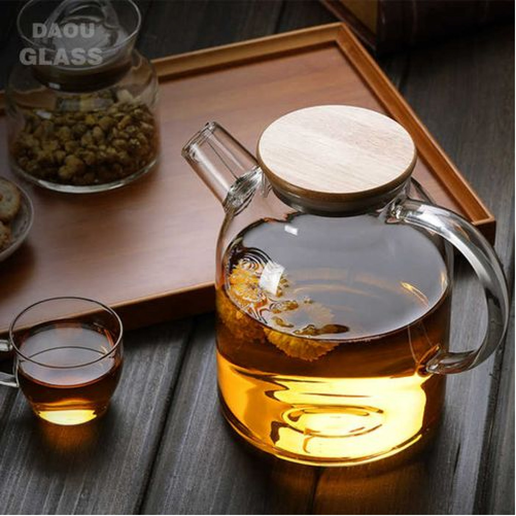 1800ml Glass Teapot Kettle With Whistle Infuser & Bamboo Lid- Clear