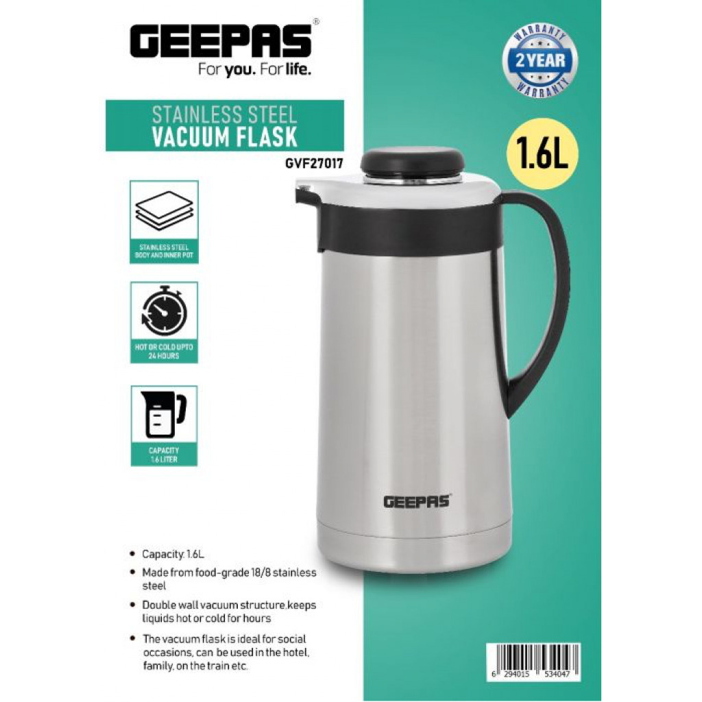 Geepas 1.6L Stainless Steel Vacuum Flask, Double Walled Airpot,GVF27017 Vacuum Flask TilyExpress