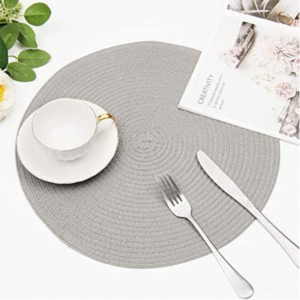 6 Pc Round Decorative Placemats Table Mats- Grey