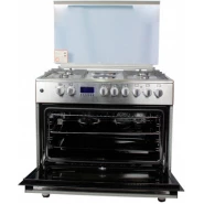 BlueFlame 90x60cm Cooker E9042ERF; 4 Gas Burners + 2 Electric Hotplates, Auto Ignition, Thermostat, Electric Oven & Grill, Oven Fan, Oven Lamp, Rotisserie, Digital Timer, Cast Iron Pan Supports, Glass Lid - Inox