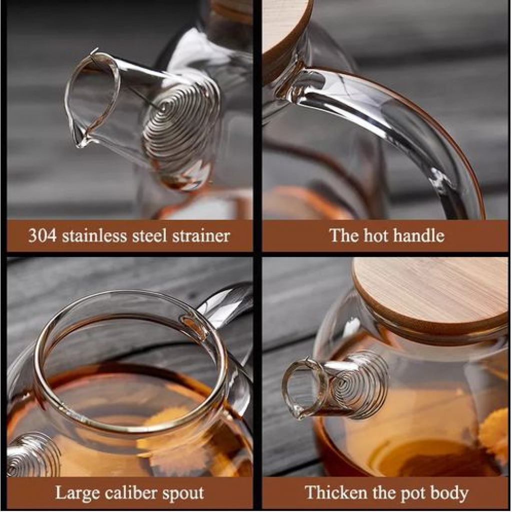 1000ml Glass Teapot Kettle With Whistle Infuser & Bamboo Lid- Clear