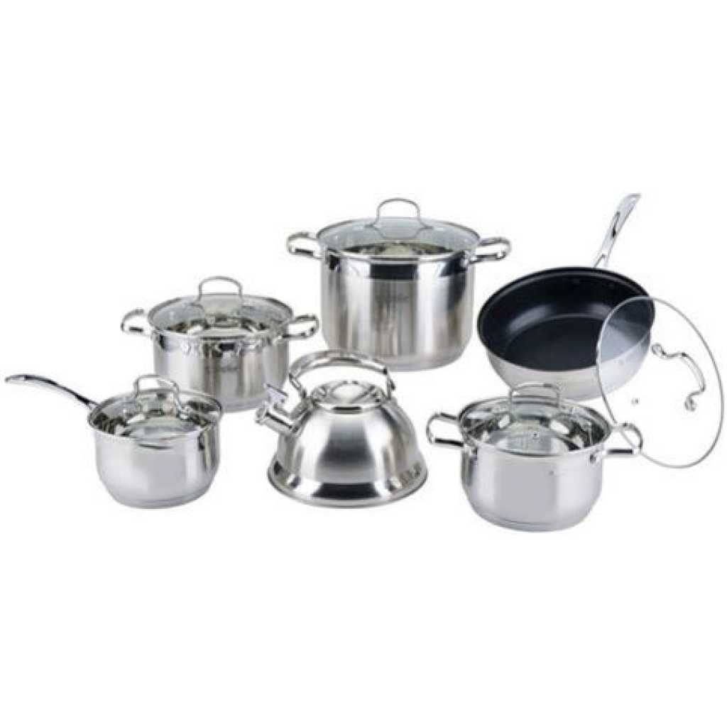 12 Piece Stainless Steel Kettle And Pots Saucepans Cookware-Silver