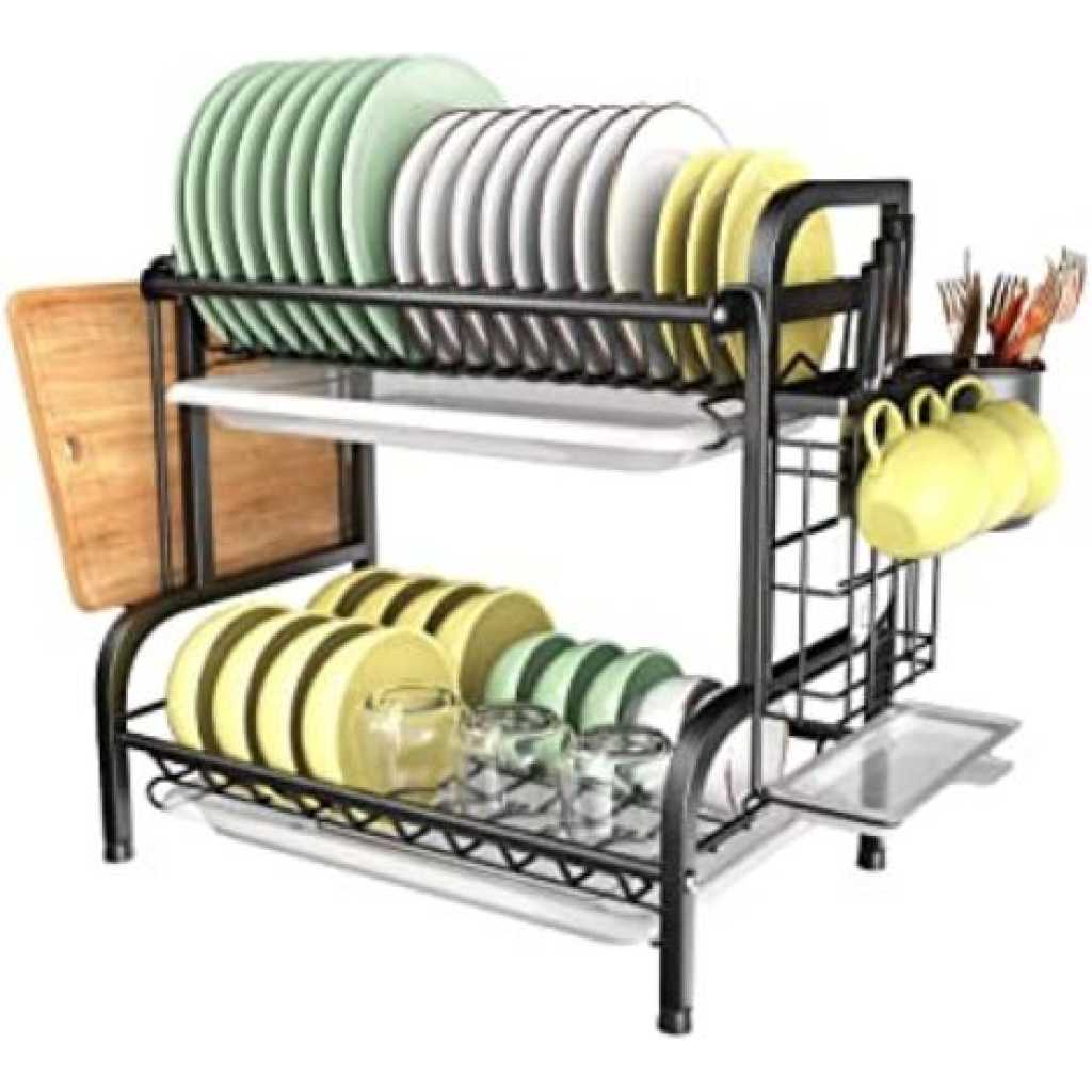 2 Tier Aluminum Plate Dish Drying Draining Rack Storage Organizer, Black