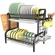 2 Tier Aluminum Plate Dish Drying Draining Rack Storage Organizer, Black Dish Racks