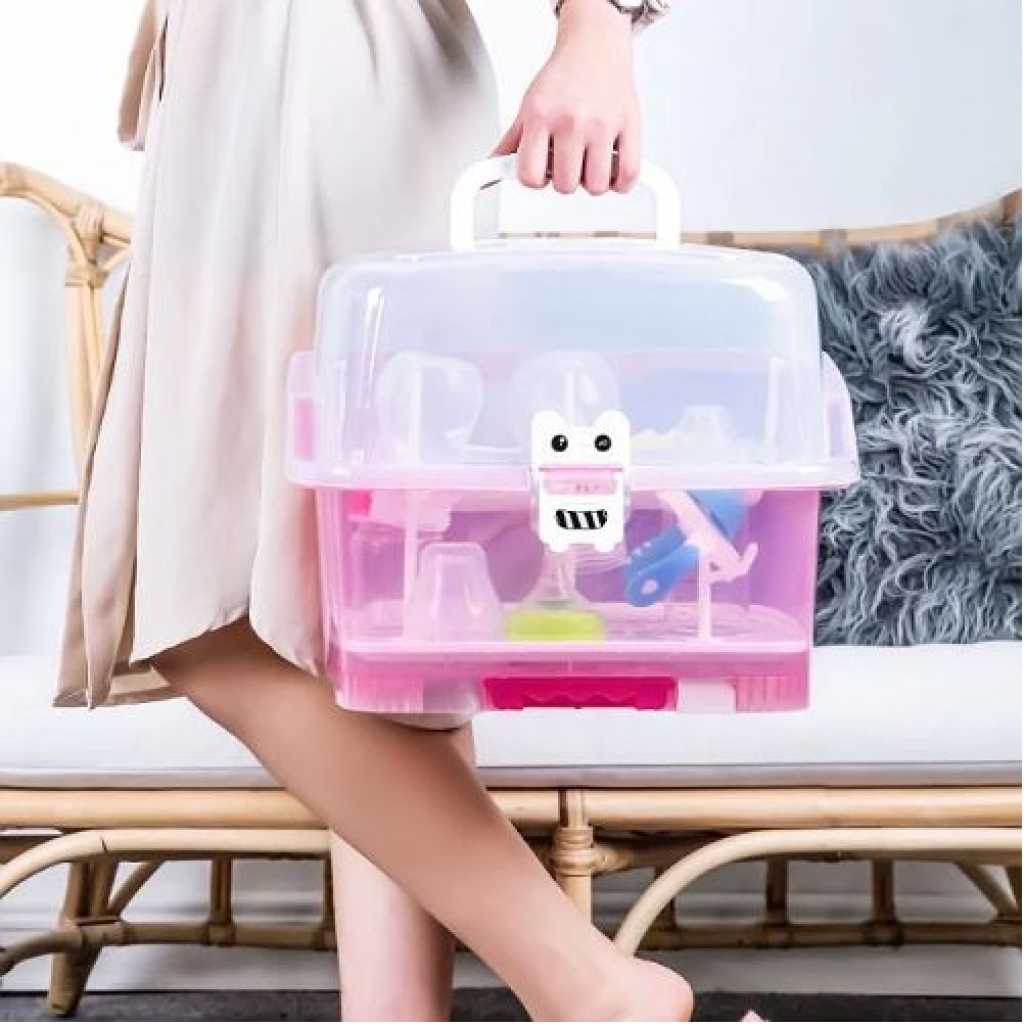 Portable Baby Bottle Drying Rack Storage Box With Anti-dust Cover, Pink