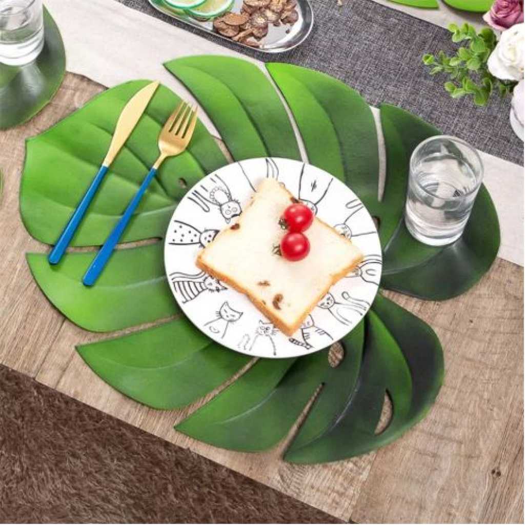 6 PC Leaf Basket Leather Placemat For Dinner Table, PU Woven Table - Green