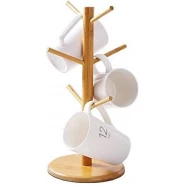 Bamboo Tree Mug Stand Coffee Cup Holder Rack Dryer with 6 Hooks -Brown