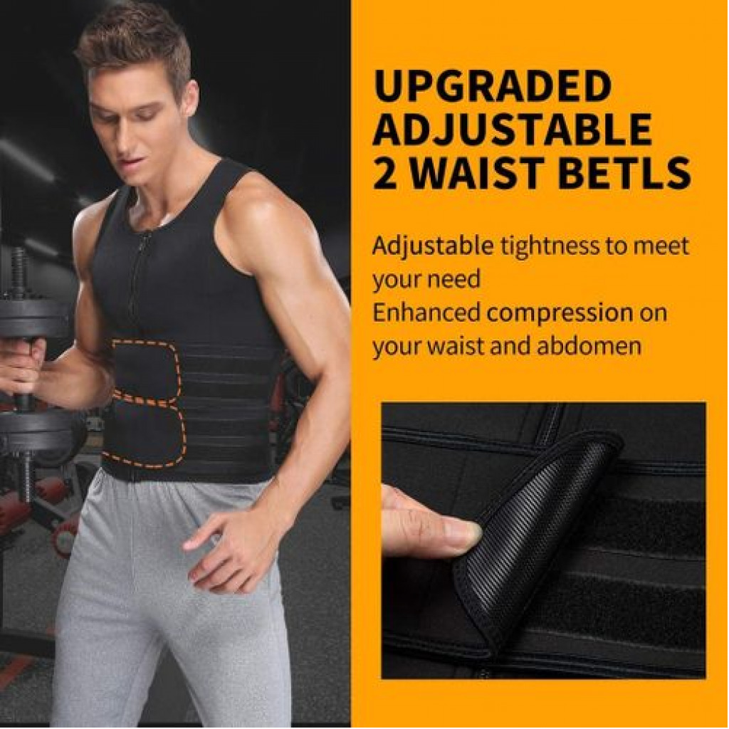 Men Waist Trainer Zipper Sweat Suit Tank Top Workout Trimmer Sauna Vest -Black