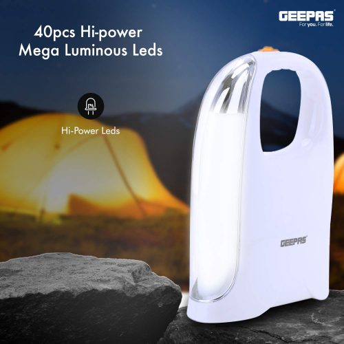 Geepas GE5596 Rechargeable LED Lantern - Emergency Lantern with Portable Handle - 40 Mega Luminous Hi-Power LEDs, 12 Hours Working - AC/DC/Solar Inputs - Very Suitable for Power Outages - 2 Year Warranty