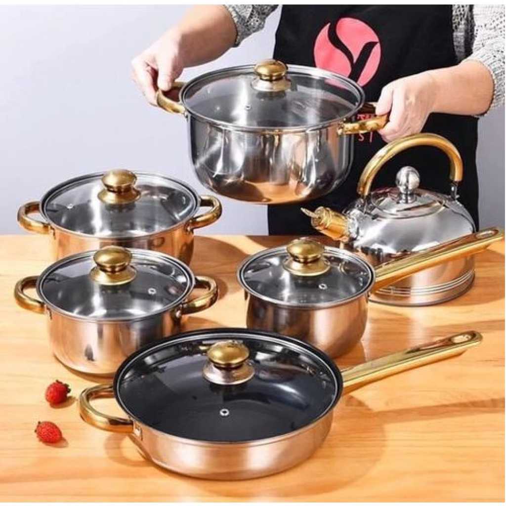 6 Pc Gold handles Stainless Steel Saucepans Cookware & Kettle - Silver