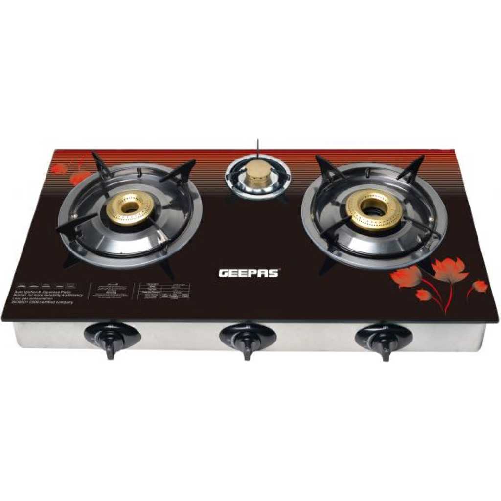 Geepas GGC31012 3-Burner Gas Cooker Size 70Mm, 40Mm & 90Mm Respectively - Ergonomic Design, Automatic