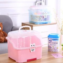 Portable Baby Bottle Drying Rack Storage Box With Anti-dust Cover, Pink