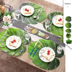 6 PC Leaf Basket Leather Placemat For Dinner Table, PU Woven Table - Green