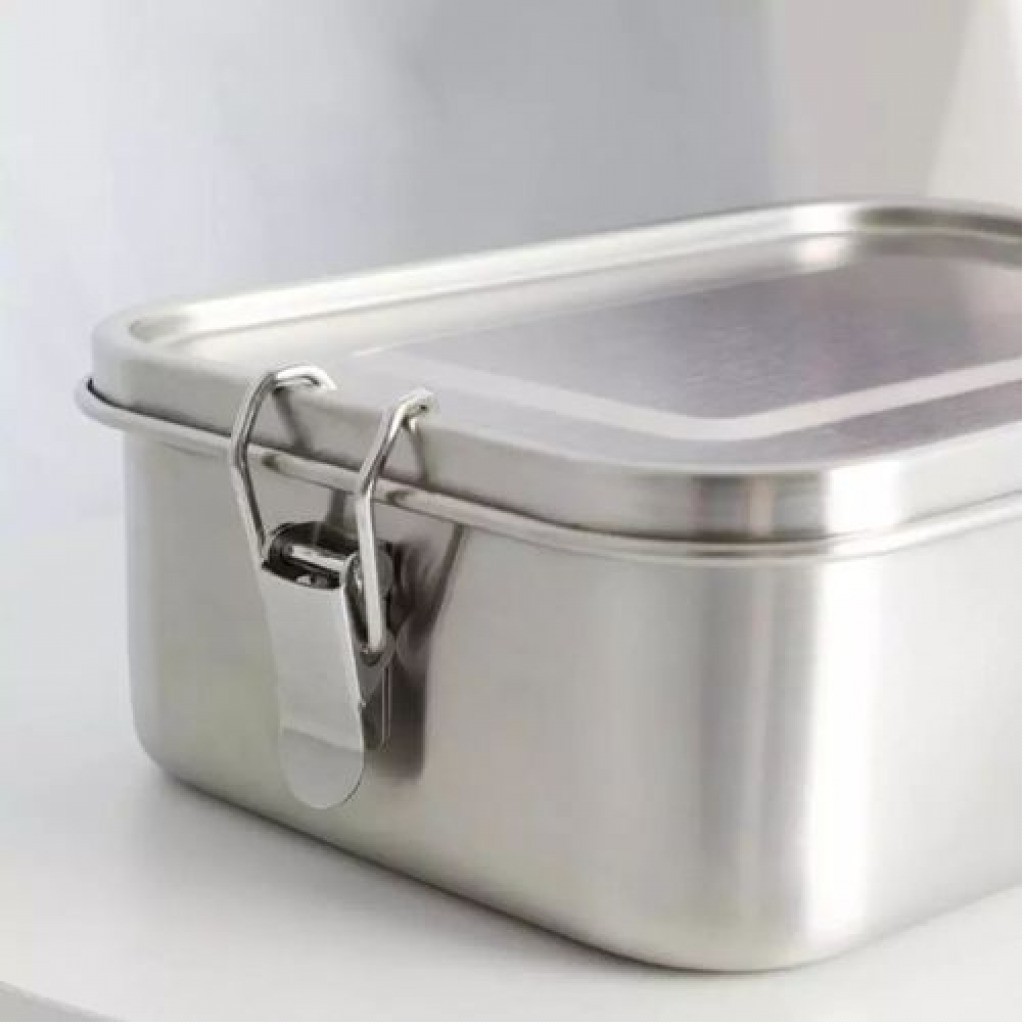 Stainless Steel Rectangle Lunch Box with Buckle Leak-Proof Food Container - Silver