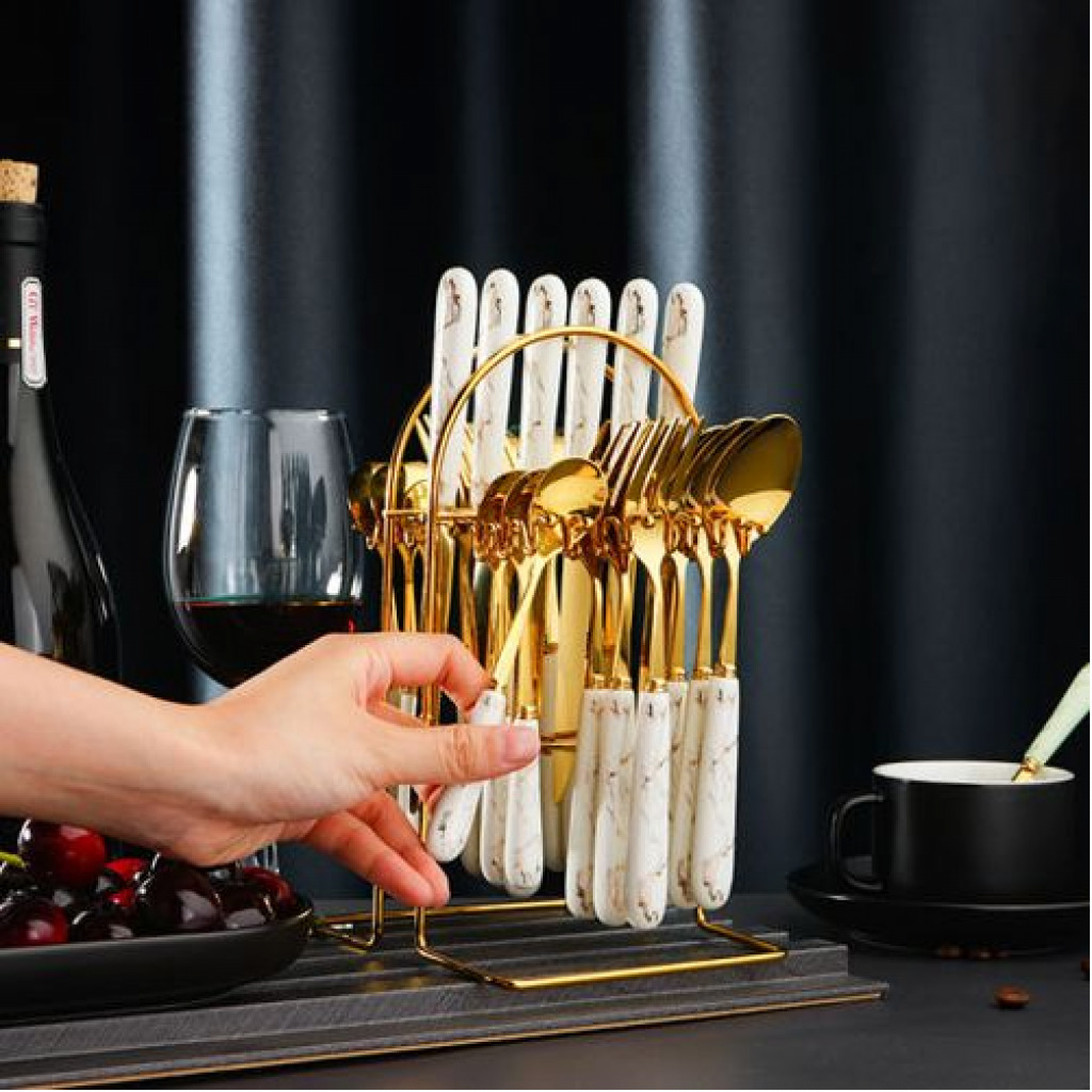 24pcs Gold Cutlery (Forks,Spoons& Knieves) With Stand- Multi-colours